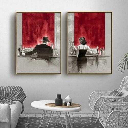 Woman and Man Enjoy Drinking At Bar Canvas Painting Abstract Modern Style Posters and Print Colorful Wall Picture for Home Decor