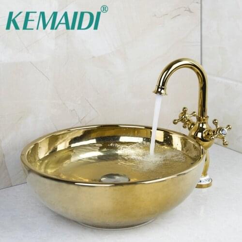 KEMAIDI Polished Golden Bowl Sinks / Vessel Basins With Waterfall Faucet Washbasin Ceramic Basin Sink & Faucet Tap Set 46029834