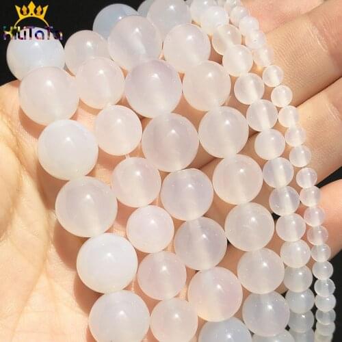 Natural Stone Smooth White Agates Round Loose Spacer Beads For Jewelry DIY Making Bracelet Charms Accessories 15'' 4 6 8 10 12mm