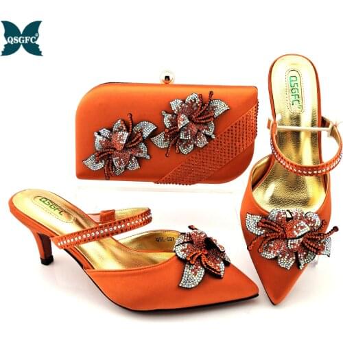 Italian Design Hot Selling Fashion Special Flower Decoration Style Ladies Shoes and Bag Set in Orange Color for Party Wedding