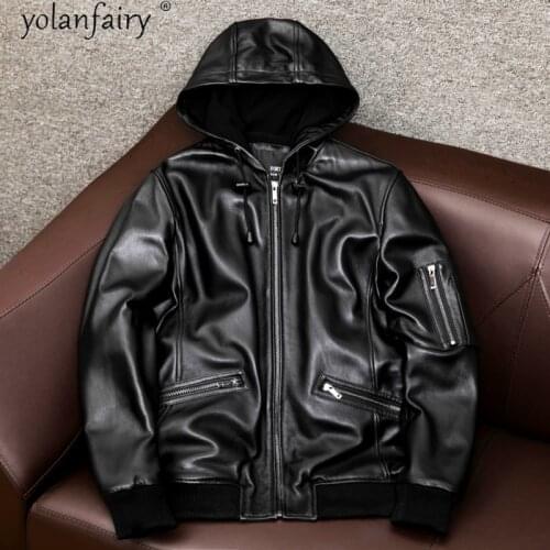2021 New Leather Jacket Men Streetwear Motorcycle Jacket Hooded Real Genuine Sheepskin Coat Casual Men Clothing Veste Homme