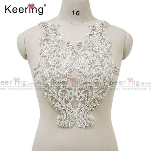 Silver Embroidery Beads Rhinestone Applique bodice for Wedding Panel WDP-294