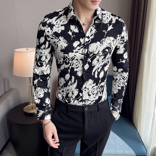 Brand Men Shirts 2021 Autumn Long Sleeve Casual Formal Dress Shirt Vintage Print Slim Fit Social Blouse Chemise Homme Clothing