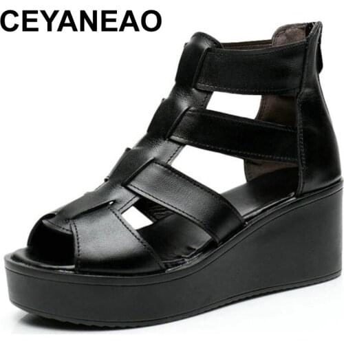 CEYANEAO New Elegant Comfortable Genuine Leather Sandals Wedge with Roman Sandals Female Summer Platform Shoes Fashion Sandals
