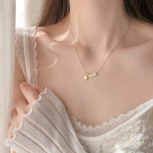 925 Sterling Silver Curved Letter Smiling Face Pendant Necklace for Women Gold Charm Necklace Jewlery Gifts S-N702