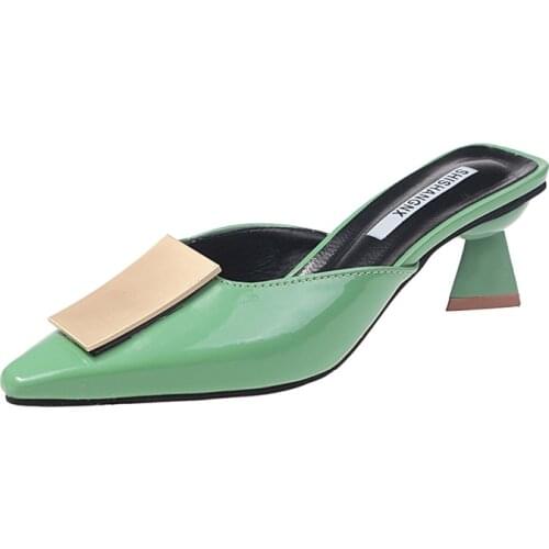 Metal Circle Doctor Mules Slippers High Heels Patent Leather Squared Toes Women Summer Outside Lazy Slider Sandalias Mujer Shoes