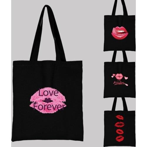 Harajuku Style Shopping Bag Fashion Sexy Lips Pattern Series Shoulder Bags Black Print Shopper Dropshipping Canvas Tote Bag