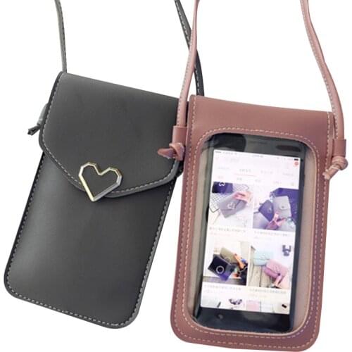 Ladies Girls Mobile Phone Crossbody Bag Summer Sweet Heart Back Transparent Film Mini Messenger Bag Cellphone Pouch Handbag