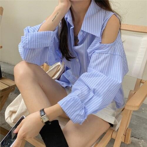 Alien Kitty Hot Off Shoulder Tops Fashion Striped Full Sleeves 2021 Chic Autumn Work Wear New Loose Office Ladies Casual Clothes