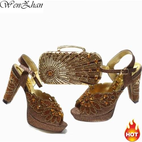High Pumps Woman African Ladies Italian Design Shoes With Match Party Bag Set Decorated with Rhinestone Brown Set 38-43 e17-10