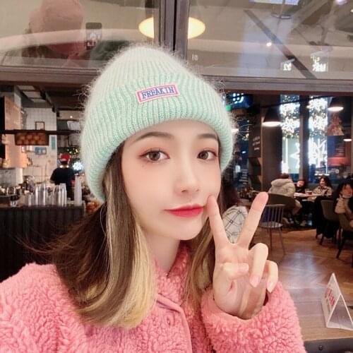 Rabbit FurTthickened Warm Woolen Hat Female Winter Japanese Cute Wild Net Red Face Small Knitted Hat Autumn and Winter Tide
