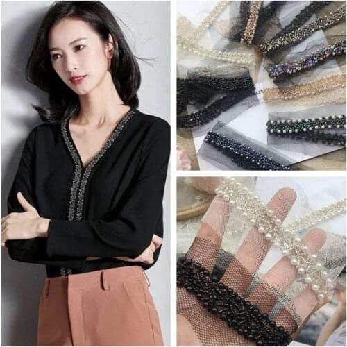 Vintage Nylon Rhinestone Pearl Beaded Embroidered Lace Trim Ribbon Fabric Handmade DIY Costume Dress Sewing Supplies Craft