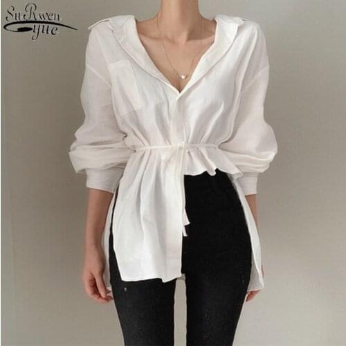 Korean Cotton Solid Color Irregular Design Belt Waist Womens White Shirts Long Sleeve Personality Fashion Women Blouses 12514