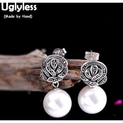 Uglyless Vintage Marcasite Flower Earrings for Women Nature Pearl Garnet Dangle Earrings Real 925 Silver Gemstones Jewelry E1454