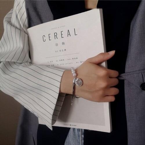 Punk Hip Hop Asymmetric Faux Pearls Beaded Bracelet for Women Square Beads Coin Linked Chains Bracelets Titanium Steel Jewelry