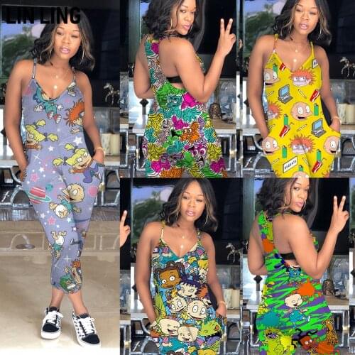 LINLING Suspender V-neck Sleeveless Colorful Cartoon Lovely Print Casual Womens Jumpsuit Summer