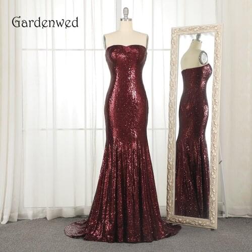Gardenwed Sexy Burgundy Evening Dress 2019 abendkleider Sequin Mermaid Simple Formal Gowns Dress Custom Made