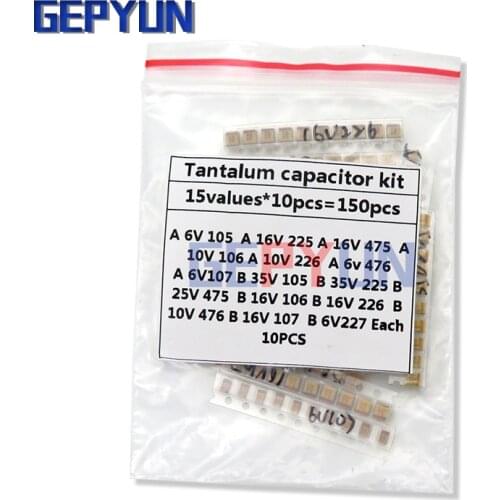 15Values SMD Tantalum capacitor assortment kit 1uf-220uf A/B Case Tantalum capacitor set 1UF 2.2UF 4.7UF 10UF 47UF capacitors