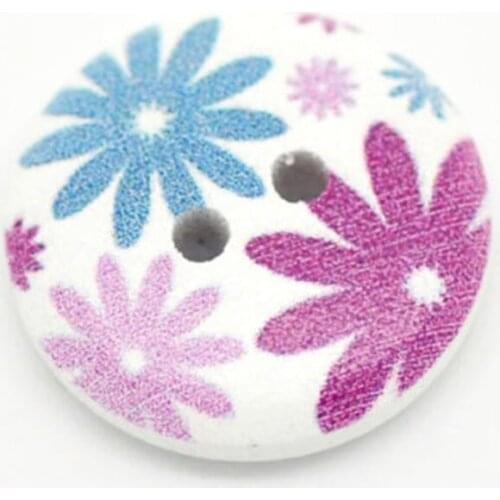 50pcs 15mm Craft Multicolor Flower 2 Holes Round Wood Sewing Buttons Antique Ornament Mixed Color Wooden Scrapbooking Decor