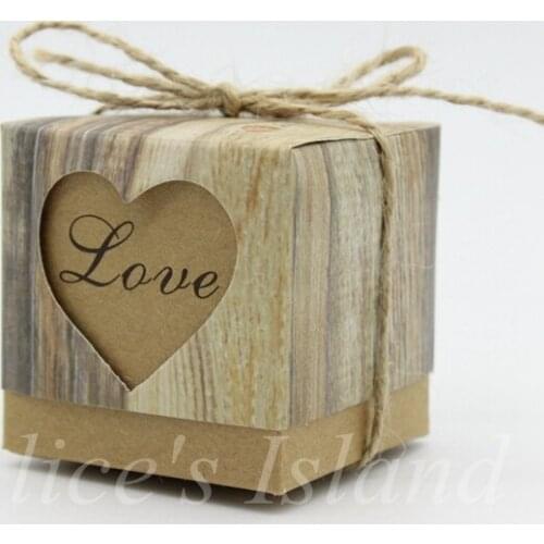 50pcs Wedding Hearts in Love Rustic Kraft Imitation Bark Candy Box with Burlap Chic Vintage Twine Wedding Favor Gift Boxes