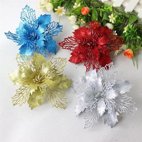 6.3'' Christmas Poinsettias Artificial Glitter Christmas Flower Xmas Tree Flower Christmas Tree Decoration