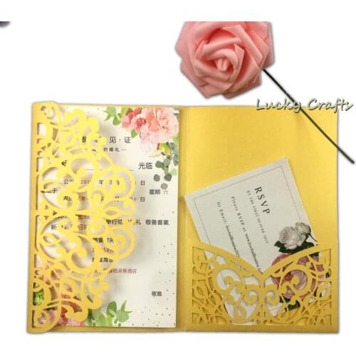 Free shipping 2pcs vine 3d tri fold wedding invitation cards with envelope ,insert, RSVP 3 fold laser cut pocket fold cards