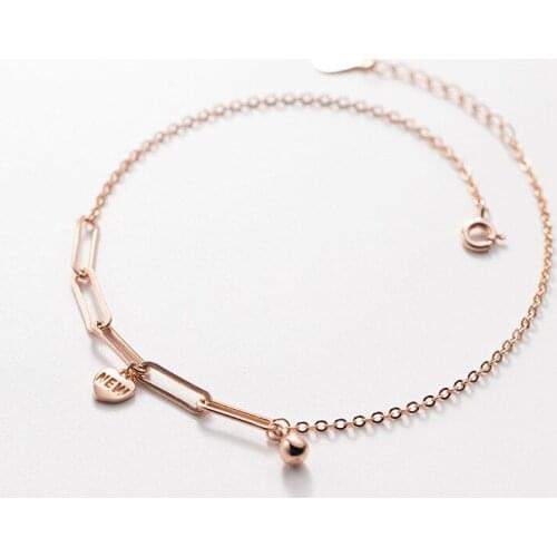 925 Sterling Silver Rose Gold Color Heart Letter NEW Anklet For Women Round Bead Foot Chain Female Summer Accessories Trend Gift