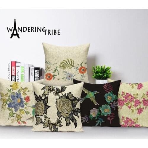 Farmhouse Cushion Cover Floral Decorative Throw Pillow Cases Plant Bird Linen Home Decor Pillows Covers Living Room Cushions