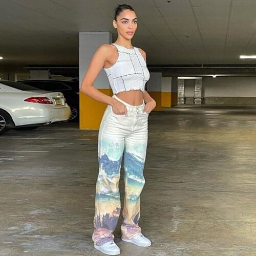 UVRCOS Landscape Y2K Cyber Women Cotton High Waist Jeans Baggy Casual Straight Pants Colorful Chic Streetwear Denim Trousers