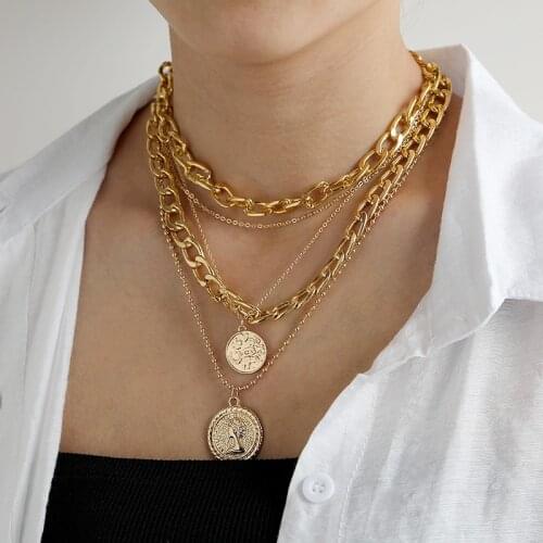 FNIO Punk Multi Layer Chain Choker Necklace Women Curb Cuban Chunky Thick Portrait Necklace Vintage Carved Coin Pendant Jewelry