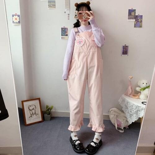 Autumn Winter Preppy Style Soft Girl Cute Women Jumpsuit Jumper Ruffle Bodysuit Trousers Retro Loose Kawaii Corduroy Overalls