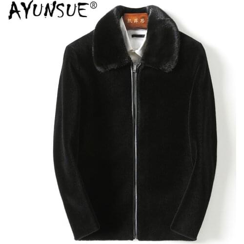 AYUNSUE Autumn Winter Real Fur Coat Men Sheep Shearing 100% Wool Jacket Real Mink Fur Collar Plus Size 2020 KFS18M207-1 KJ3800