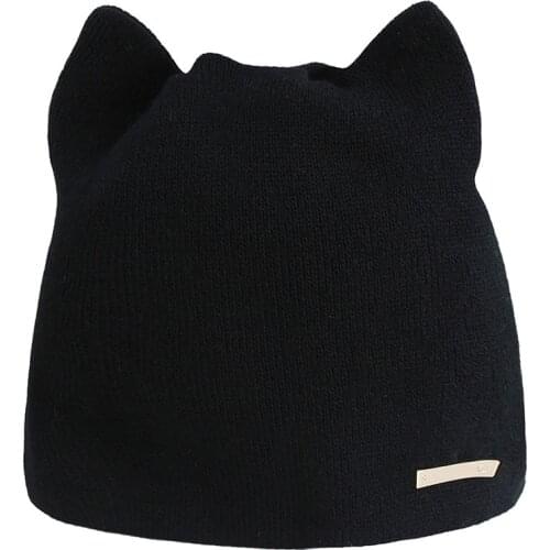 Lovely Cat Ear Hats For Women Knitted Winter Hat Soft Warm Crochet Lady Cap Solid Color Casual Beanie