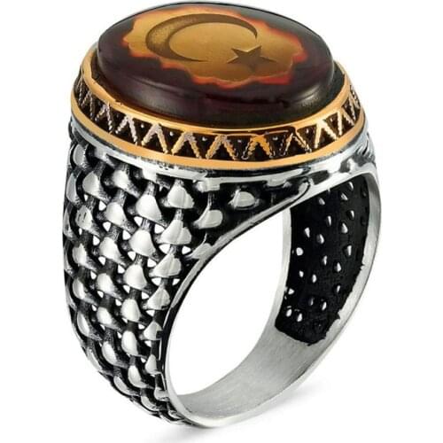 Mans 925 Silver Amber Crescent Moon Ring, Handmade 925 Silver Ring, Silver Handmade Ring for Man