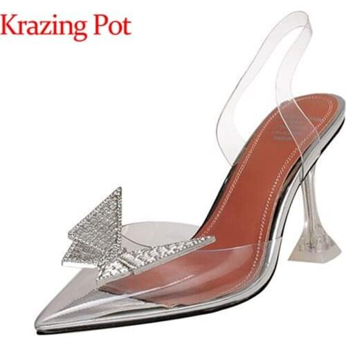 Krazing pot pointed toe super high heels strange style shallow diamond dance party Korean girls slip on mules sandals women L30