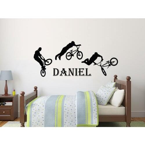 Custom Name Decal Gym Sports Wall Sticker With Personalized Name BMX Freestyle Jumping Bike Boys Room Decor Vinyl Murals A523
