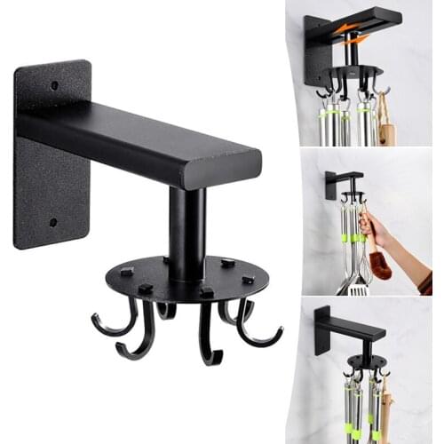 Wall Mounted Kitchen Sliding Rail Rotatable Hooks Space Aluminum Organizational Rack with 6 Hooks for Towel Pot Pan Racks Hold
