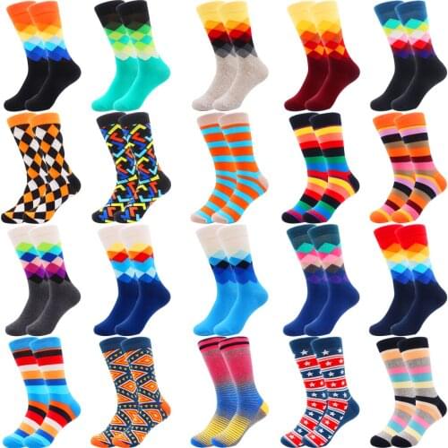 Mens Socks Hip Hop High Colorful Combed Cotton Happy Novelty Quality Skateboard Plaid Geometric Harajuku Gifts Socks