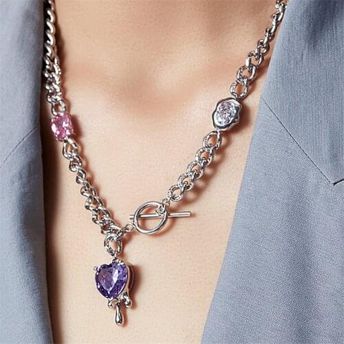 Purple Crystal Love Heart Pendant Necklaces For Women Punk Stainless Steel Chain Necklaces Hipster Charming Jewelry Accessories
