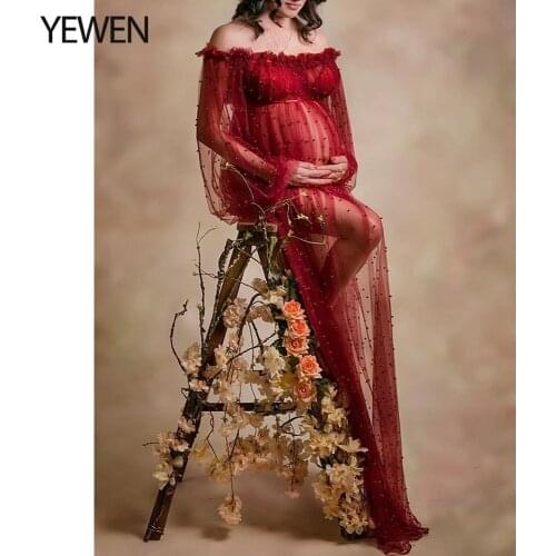 Shoulderless Pearls High Quality Burgundy Maternity Dress Long Sleeves Maternity Gown for Photoshoot Maxi Dresses Yewen