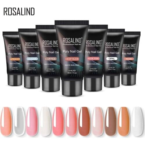 ROSALIND 15ml/30ml Poly Nail Gel Pure Color Acrylic Extension Builder Vernis Semi Permanent Crystal Quick Nail Gel Art Design
