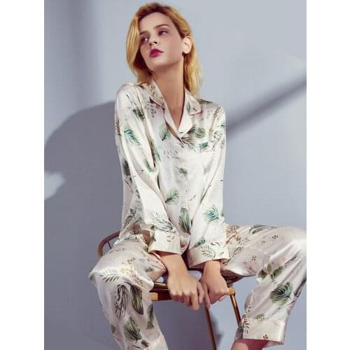 Luxury Floral Printed Pijimas Silk Sleepwear Suit Set Long-sleeved Two-piece Set 100% Mulberry Silk Pajamas