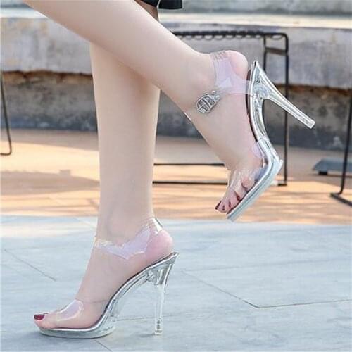 Transparent Buckle Ankle Strap Sandals 11CM Summer Sexy Clear Pvc Strappy High Heels Shoes Women Nightclub Stilettos Black White