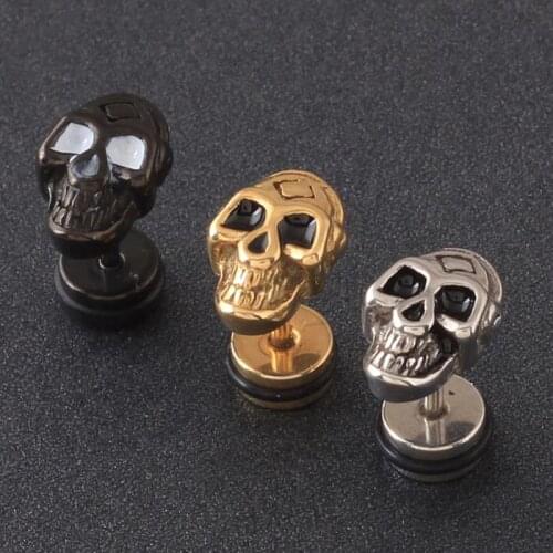 1 Pair color black gold Stainless Steel Enamel Skull Skeleton Ear Stud Earring Men Women Punk Rock Jewelry ear plug