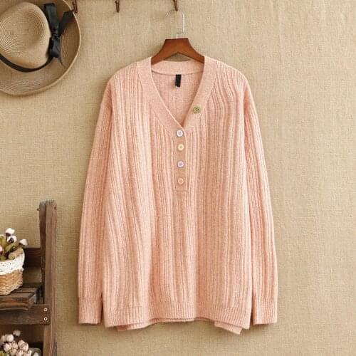 Plus Size Sweater For Women V-Neck Knitted Fabric Color-Breasted Decoration Long Sleeve Large Size For Fat Ladys Wear In Winter