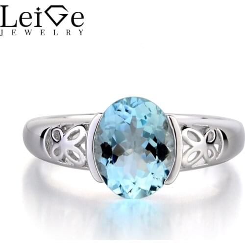 Leige Jewelry Solid 925 Sterling Silver Ring Natural Aquamarine Blue Gemstone Birthstone Oval Cut Engagement Rings for Her