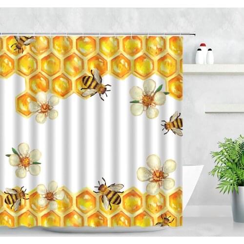 Waterproof Bathroom Curtains Golden Hive Honey Bees Pattern Animal Polyester Fabric Shower Curtain Set Hooks Bath Bathtub Decor