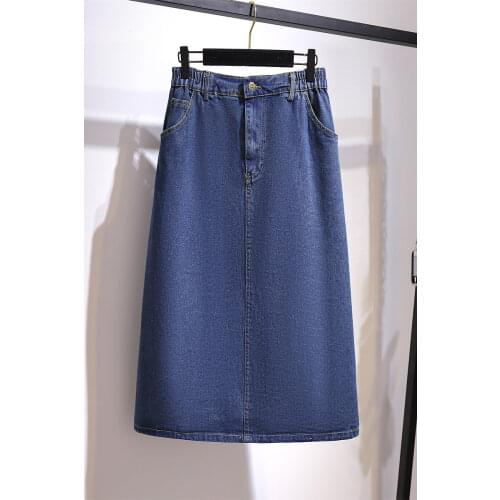 Plus Size Women 2XL-6XL Denim Trendy Korean A-line Simple Design Womens Skirt Elastic Waist Mid-length Temperament Skirt Blue