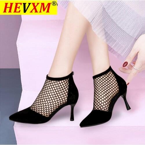 2021 Summer Women High Heels Sexy Fishnet Ankle Heels Suede Heels Pointed Toe Thin Heels Sandals Women Casual Shoes