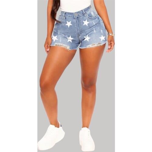 Cotton Blue Straight Casual Denim Shorts Women 2021 Summer Star Pattern Burrs Streetwear Jeans Shorts Lady Mid Waist Short Jeans